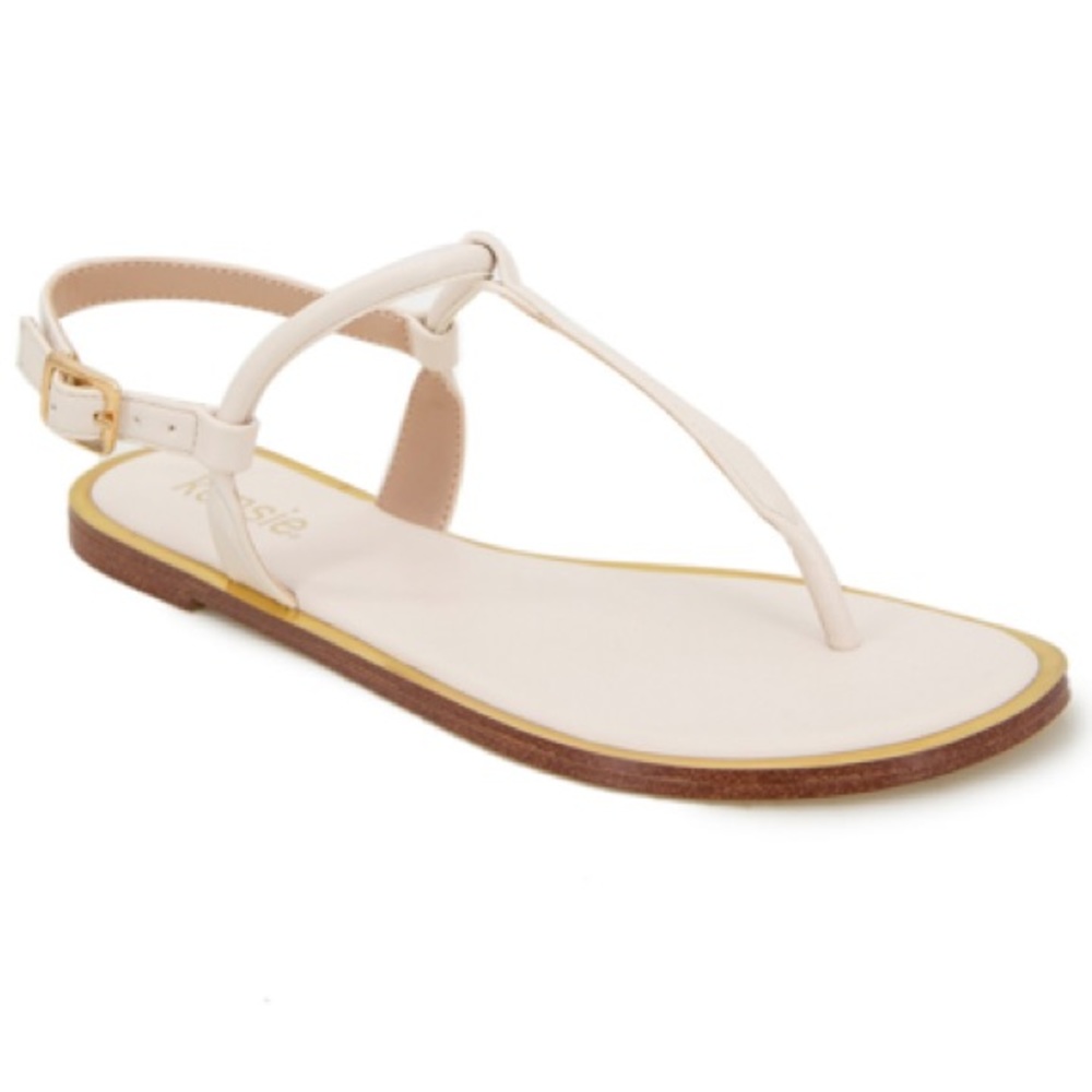 Kensie Bradie Off-White Flat Thong Slingback Sandal Metallic Gold-Tone Rim‎